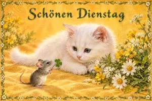 Weißes Kätzchen und Maus mit Kleeblatt, Text: Schönen Dienstag