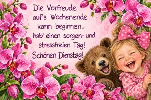 Lachendes Mädchen mit Schleife und Bär zwischen pinken Orchideen, Text: Die Vorfreude auf's Wochenende kann beginnen... hab' einen sorgen- und stressfreien Tag! Schönen Dienstag!