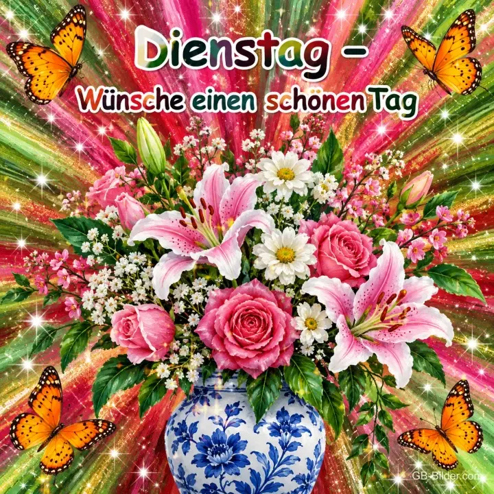 Bunter Strauß aus Lilien und Rosen in blau-weißer Vase, Schmetterlinge und Lichtstrahlen, Text: Dienstag – Wünsche einen schönen Tag