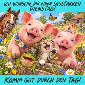 Lachende Schweine, Kätzchen, Frosch, Pferd und Hamster am Zaun, Text: ICH WÜNSCHE DIR EINEN SAUSTARKEN DIENSTAG! KOMM GUT DURCH DEN TAG!