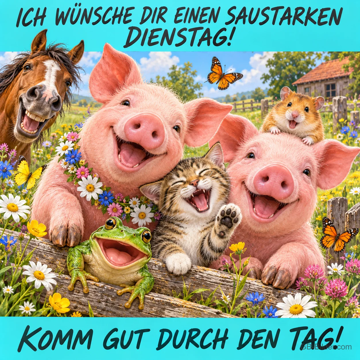 Lachende Schweine, Kätzchen, Frosch, Pferd und Hamster am Zaun, Text: ICH WÜNSCHE DIR EINEN SAUSTARKEN DIENSTAG! KOMM GUT DURCH DEN TAG!