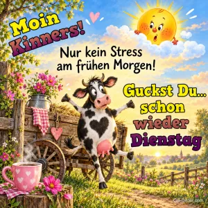 Gefleckte Kuh reißt die Arme hoch neben einem Leiterwagen, erschrockene Sonne, Text: Moin Kinners! Nur kein Stress am frühen Morgen! Guckst Du… schon wieder Dienstag