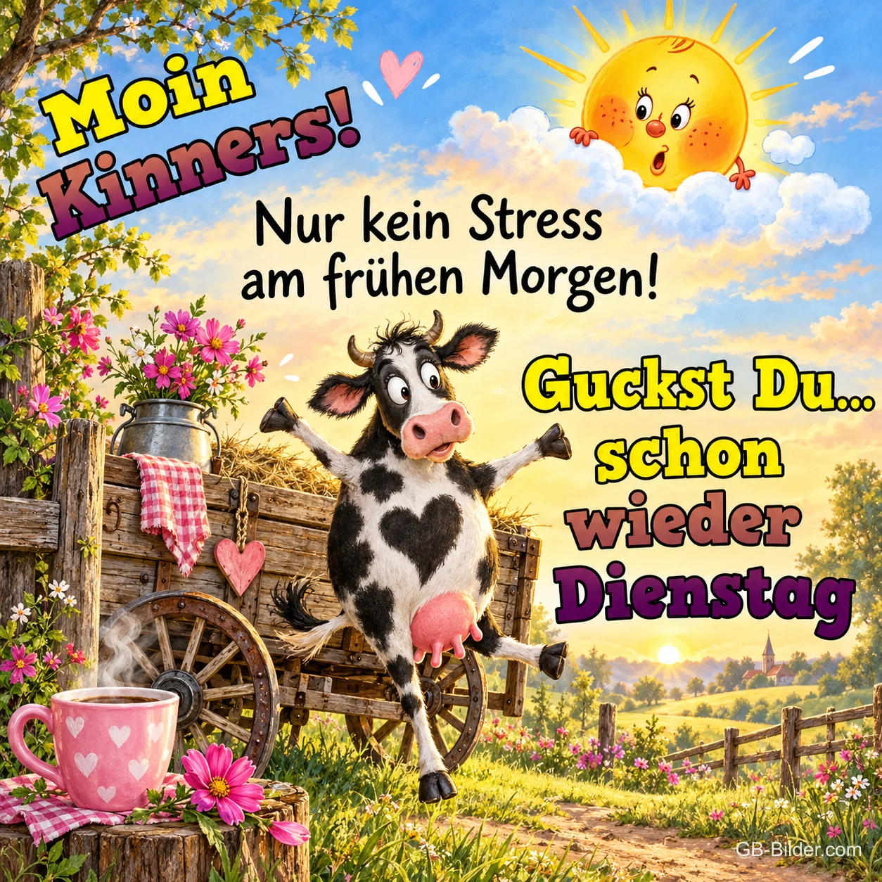 Gefleckte Kuh reißt die Arme hoch neben einem Leiterwagen, erschrockene Sonne, Text: Moin Kinners! Nur kein Stress am frühen Morgen! Guckst Du… schon wieder Dienstag