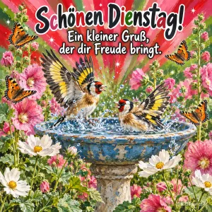 Zwei Stieglitze baden in einer Vogeltränke zwischen Stockrosen und Schmetterlingen, Text: Schönen Dienstag! Ein kleiner Gruß, der dir Freude bringt.