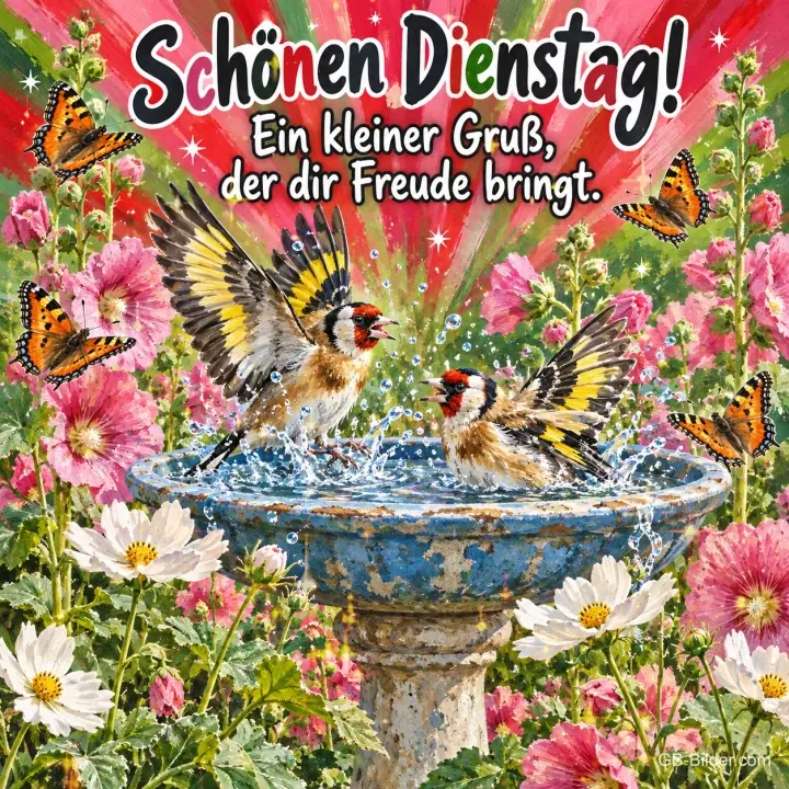 Zwei Stieglitze baden in einer Vogeltränke zwischen Stockrosen und Schmetterlingen, Text: Schönen Dienstag! Ein kleiner Gruß, der dir Freude bringt.