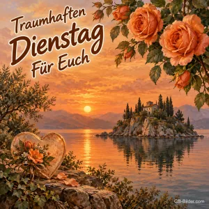 Orange Rosen über einem See mit Insel im Sonnenuntergang, Text: Traumhaften Dienstag für Euch