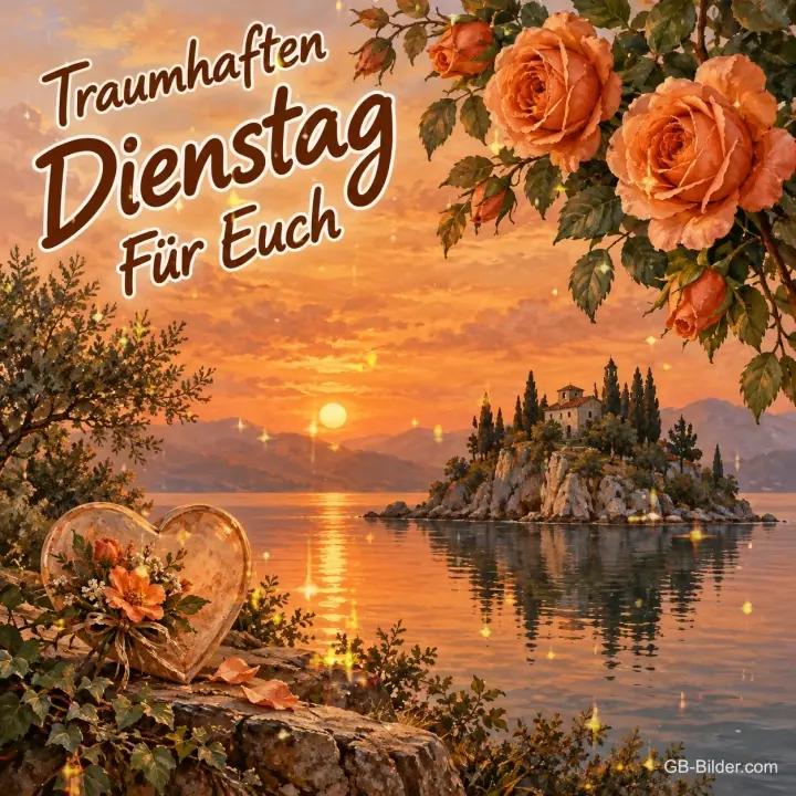 Orange Rosen über einem See mit Insel im Sonnenuntergang, Text: Traumhaften Dienstag für Euch