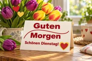 Tulpen in einem Krug neben einer Karte mit Herz, Text: Guten Morgen – Schönen Dienstag!