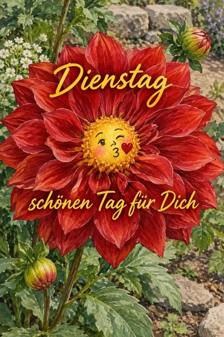 Rote Dahlie mit einem Kussgesicht in der Mitte, Text: Dienstag – schönen Tag für Dich
