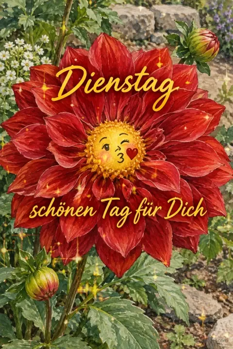 Rote Dahlie mit einem Kussgesicht in der Mitte, Text: Dienstag – schönen Tag für Dich