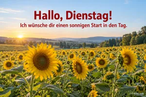 Sonnenblumenfeld bei Sonnenaufgang, Text: Hallo, Dienstag! Ich wünsche dir einen sonnigen Start in den Tag.