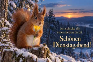 Eichhörnchen hält eine gelbe Blume im Schnee, Text: Ich schicke dir einen lieben Gruß. – Schönen Dienstagabend!