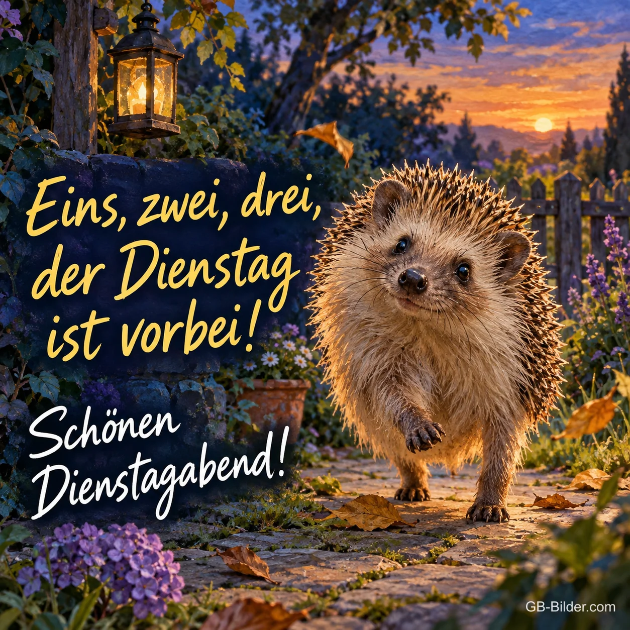 Igel läuft durch einen Abendgarten mit Laterne, Text: Eins, zwei, drei, der Dienstag ist vorbei! – Schönen Dienstagabend!
