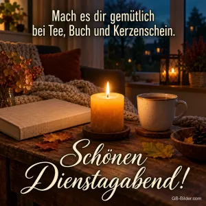 Kerze, Buch und Teetasse auf einem Tisch am Fenster, Text: Mach es dir gemütlich bei Tee, Buch und Kerzenschein. – Schönen Dienstagabend!