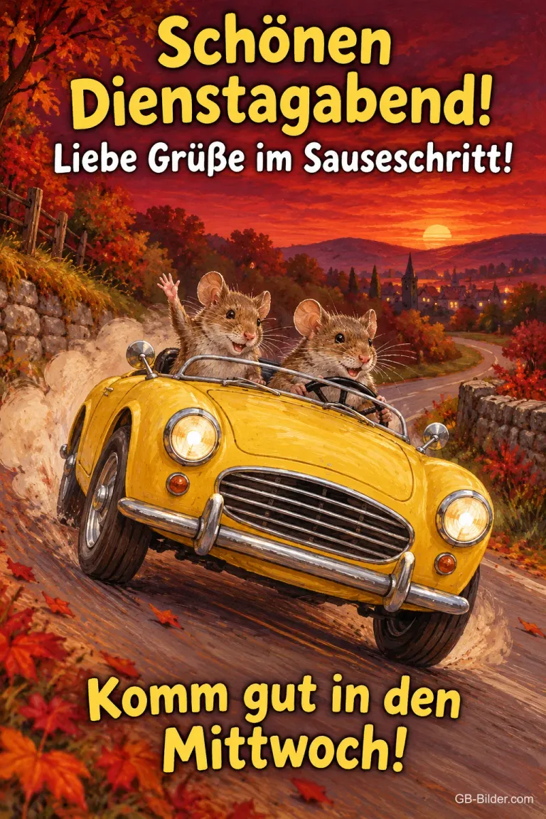 Zwei Mäuse fahren in einem gelben Cabrio durch Herbstlaub, Text: Schönen Dienstagabend! – Liebe Grüße im Sauseschritt! Komm gut in den Mittwoch!