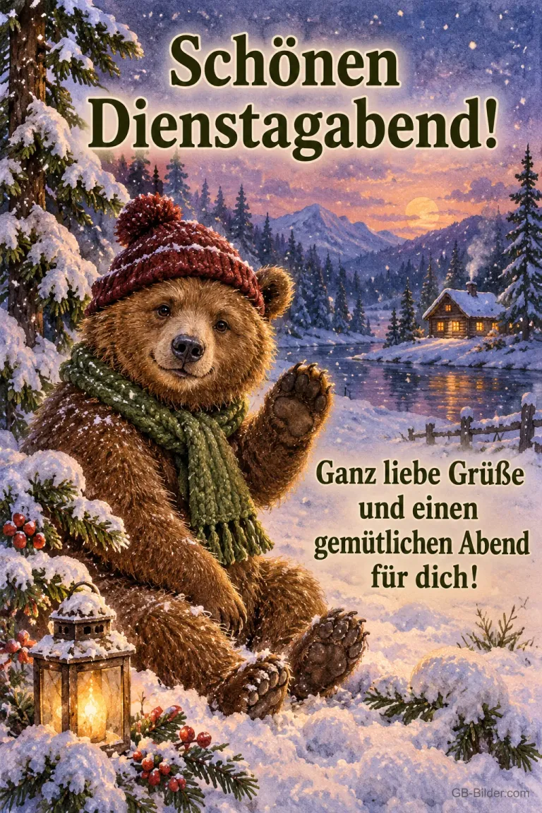 Bär mit Mütze und Schal winkt im Schnee, Text: Schönen Dienstagabend! – Ganz liebe Grüße und einen gemütlichen Abend für dich!