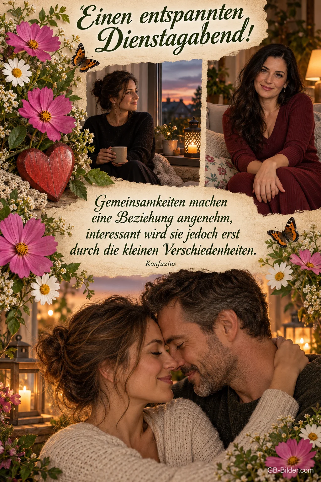 Verliebtes Paar Stirn an Stirn, zwei Frauen im Wohnzimmer, Blumen, Text: Einen entspannten Dienstagabend! – Gemeinsamkeiten machen eine Beziehung angenehm, interessant wird sie jedoch erst durch die kleinen Verschiedenheiten. – Konfuzius
