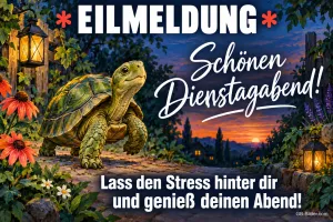 Schildkröte läuft durch einen Garten mit Laternen, Text: EILMELDUNG – Schönen Dienstagabend! Lass den Stress hinter dir und genieß deinen Abend!