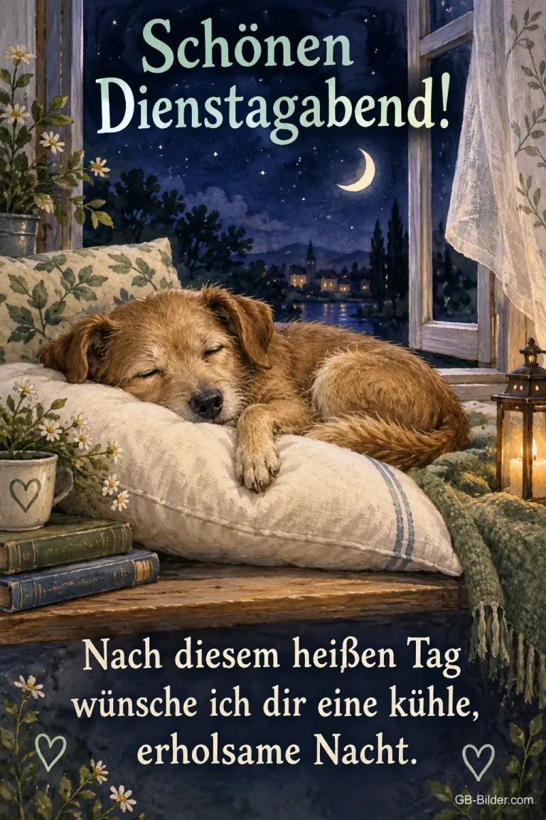 Hund schläft auf einem Kissen am offenen Fenster, Text: Schönen Dienstagabend! – Nach diesem heißen Tag wünsche ich dir eine kühle, erholsame Nacht.