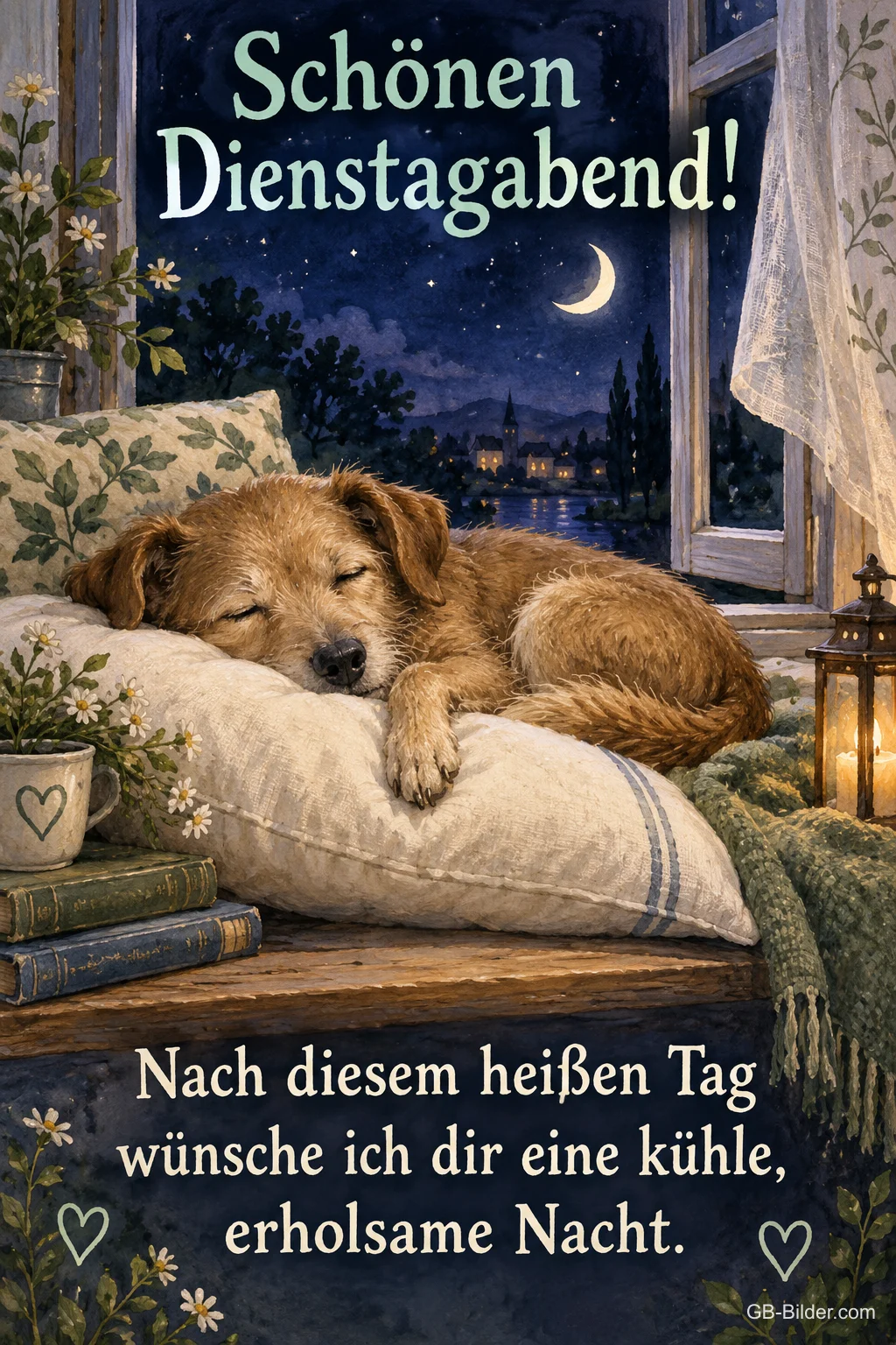Hund schläft auf einem Kissen am offenen Fenster, Text: Schönen Dienstagabend! – Nach diesem heißen Tag wünsche ich dir eine kühle, erholsame Nacht.