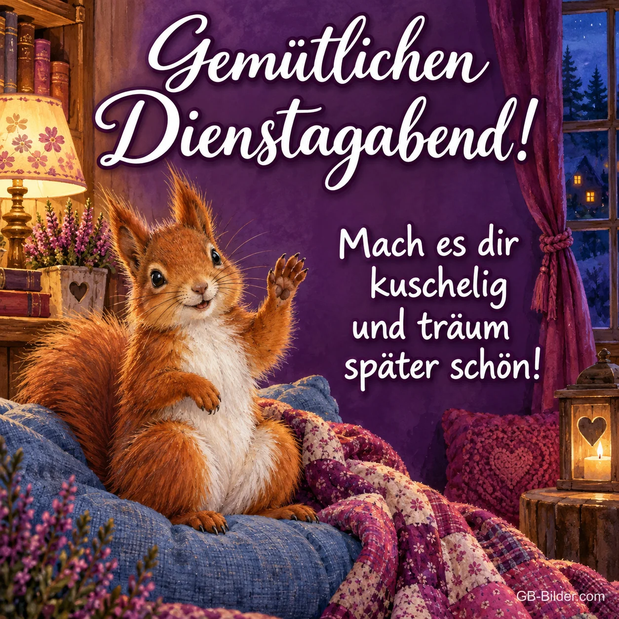 Eichhörnchen winkt auf einem gemütlichen Sofa, Text: Gemütlichen Dienstagabend! – Mach es dir kuschelig und träum später schön!