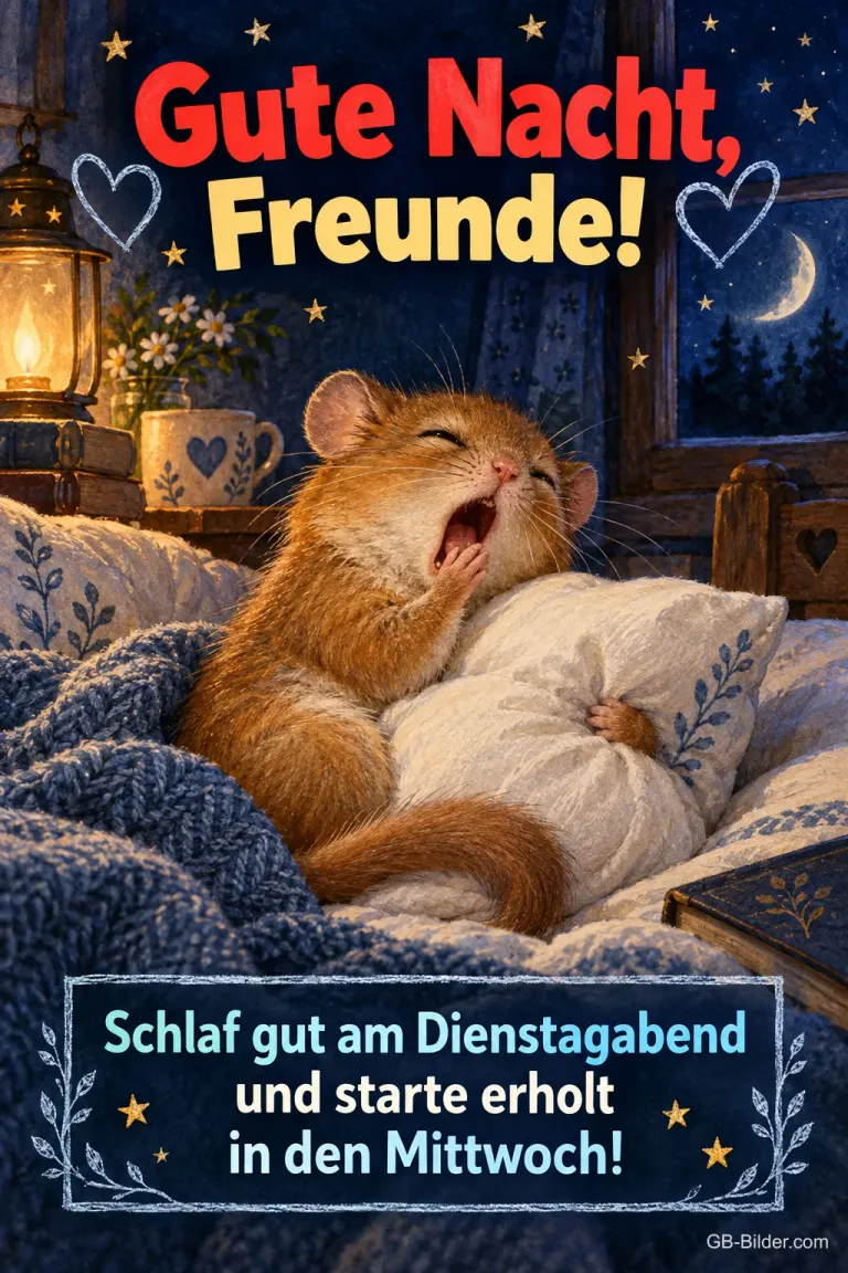 Hamster gähnt im Bett mit Kissen, Text: Gute Nacht, Freunde! – Schlaf gut am Dienstagabend und starte erholt in den Mittwoch!