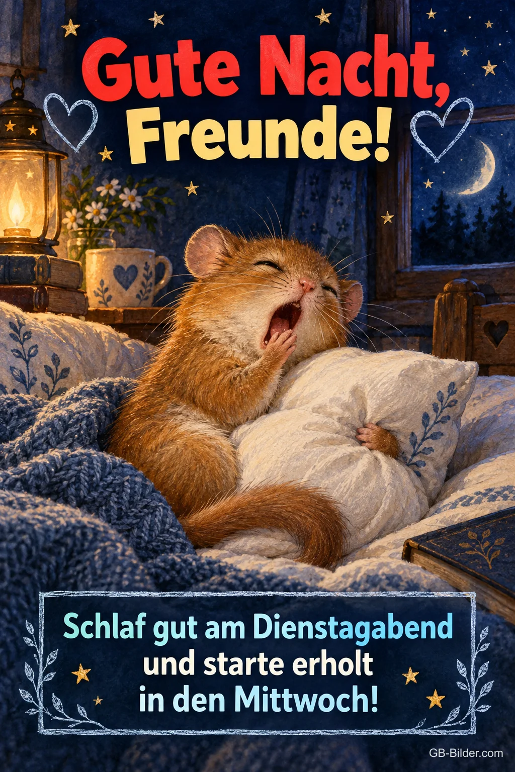 Hamster gähnt im Bett mit Kissen, Text: Gute Nacht, Freunde! – Schlaf gut am Dienstagabend und starte erholt in den Mittwoch! Hamster gähnt im Bett mit Kissen, Text: Gute Nacht, Freunde! – Schlaf gut am Dienstagabend und starte erholt in den Mittwoch!