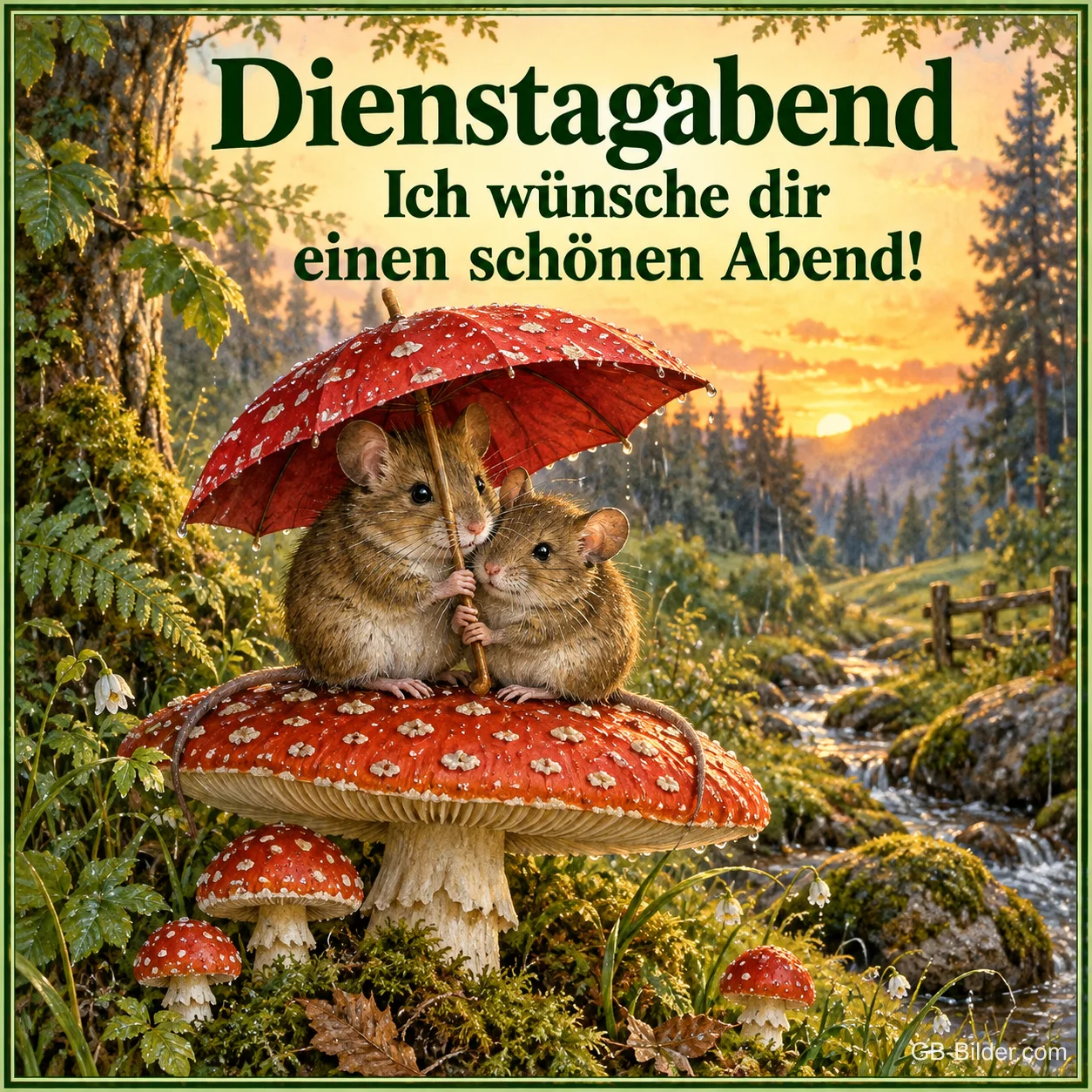 Zwei Mäuse unter einem roten Schirm auf einem Fliegenpilz, Text: Dienstagabend – Ich wünsche dir einen schönen Abend! Zwei Mäuse unter einem roten Schirm auf einem Fliegenpilz, Text: Dienstagabend – Ich wünsche dir einen schönen Abend!