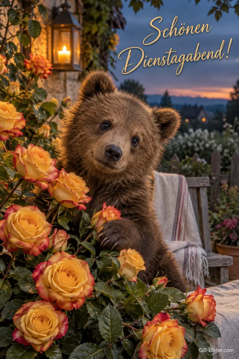 Bärenjunges zwischen gelben Rosen im Garten, Text: Schönen Dienstagabend!