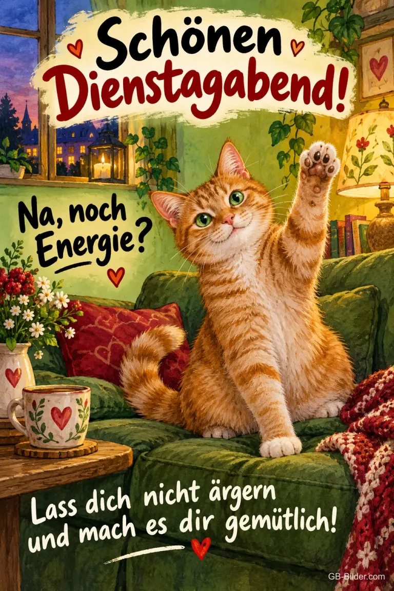 Rote Katze winkt vom grünen Sofa, Text: Schönen Dienstagabend! – Na, noch Energie? Lass dich nicht ärgern und mach es dir gemütlich!