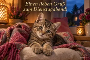 Tigerkätzchen liegt auf einer Decke am Fenster, Text: Einen lieben Gruß zum Dienstagabend!