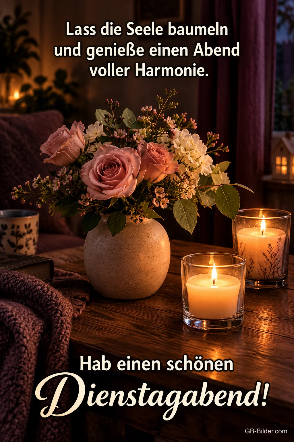 Rosenstrauß und Windlichter auf einem Holztisch, Text: Lass die Seele baumeln und genieße einen Abend voller Harmonie. – Hab einen schönen Dienstagabend!