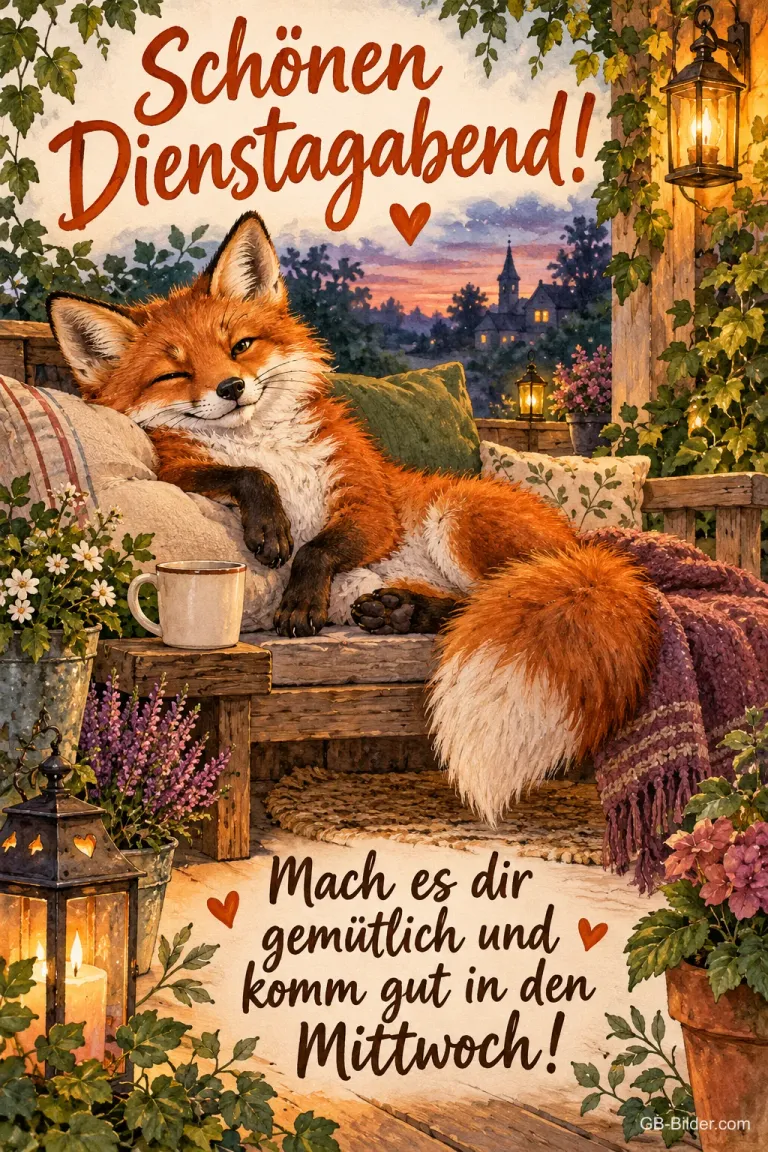 Fuchs döst auf einer Gartenbank mit Kissen, Text: Schönen Dienstagabend! – Mach es dir gemütlich und komm gut in den Mittwoch!