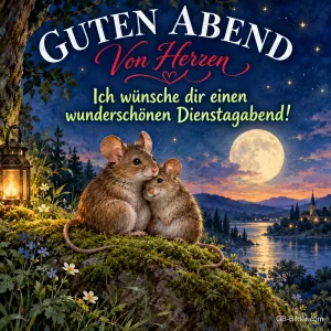 Zwei kuschelnde Mäuse auf einem Hügel unter dem Vollmond, Text: GUTEN ABEND von Herzen – Ich wünsche dir einen wunderschönen Dienstagabend!