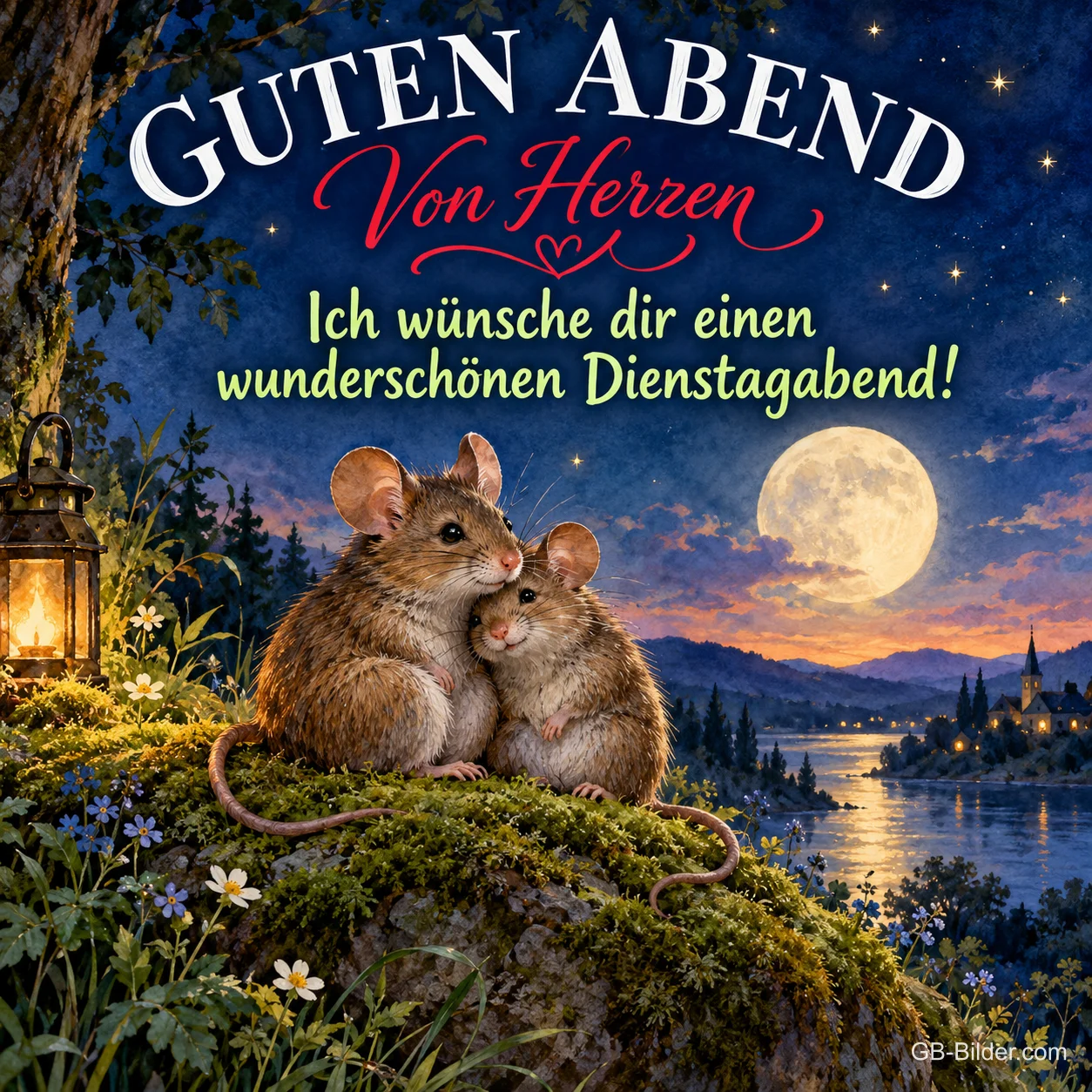 Zwei kuschelnde Mäuse auf einem Hügel unter dem Vollmond, Text: GUTEN ABEND von Herzen – Ich wünsche dir einen wunderschönen Dienstagabend! Zwei kuschelnde Mäuse auf einem Hügel unter dem Vollmond, Text: GUTEN ABEND von Herzen – Ich wünsche dir einen wunderschönen Dienstagabend!