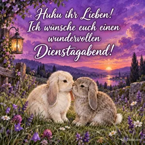 Zwei Hasen geben sich einen Nasenkuss auf einer Wiese, Text: Huhu ihr Lieben! – Ich wünsche euch einen wundervollen Dienstagabend!