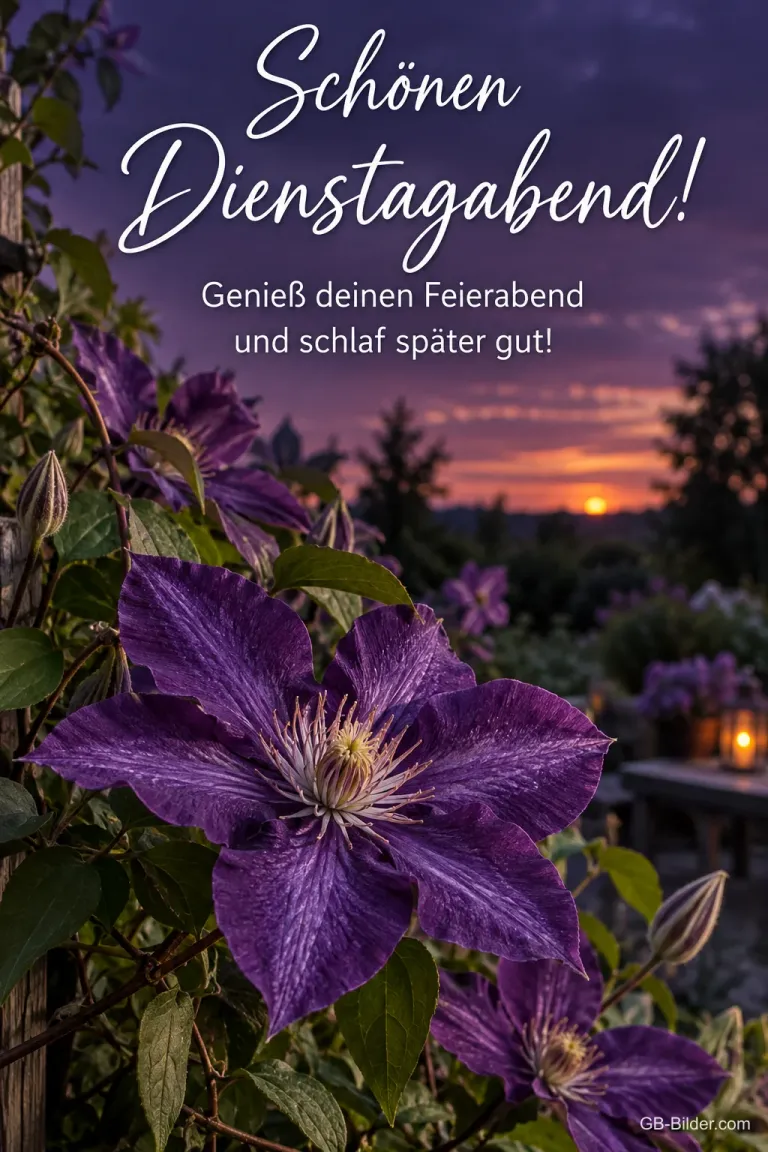 Lila Clematis im Abendlicht, Text: Schönen Dienstagabend! – Genieß deinen Feierabend und schlaf später gut!