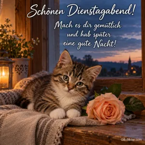 Tigerkätzchen und Rose auf einer Fensterbank, Text: Schönen Dienstagabend! – Mach es dir gemütlich und hab später eine gute Nacht!