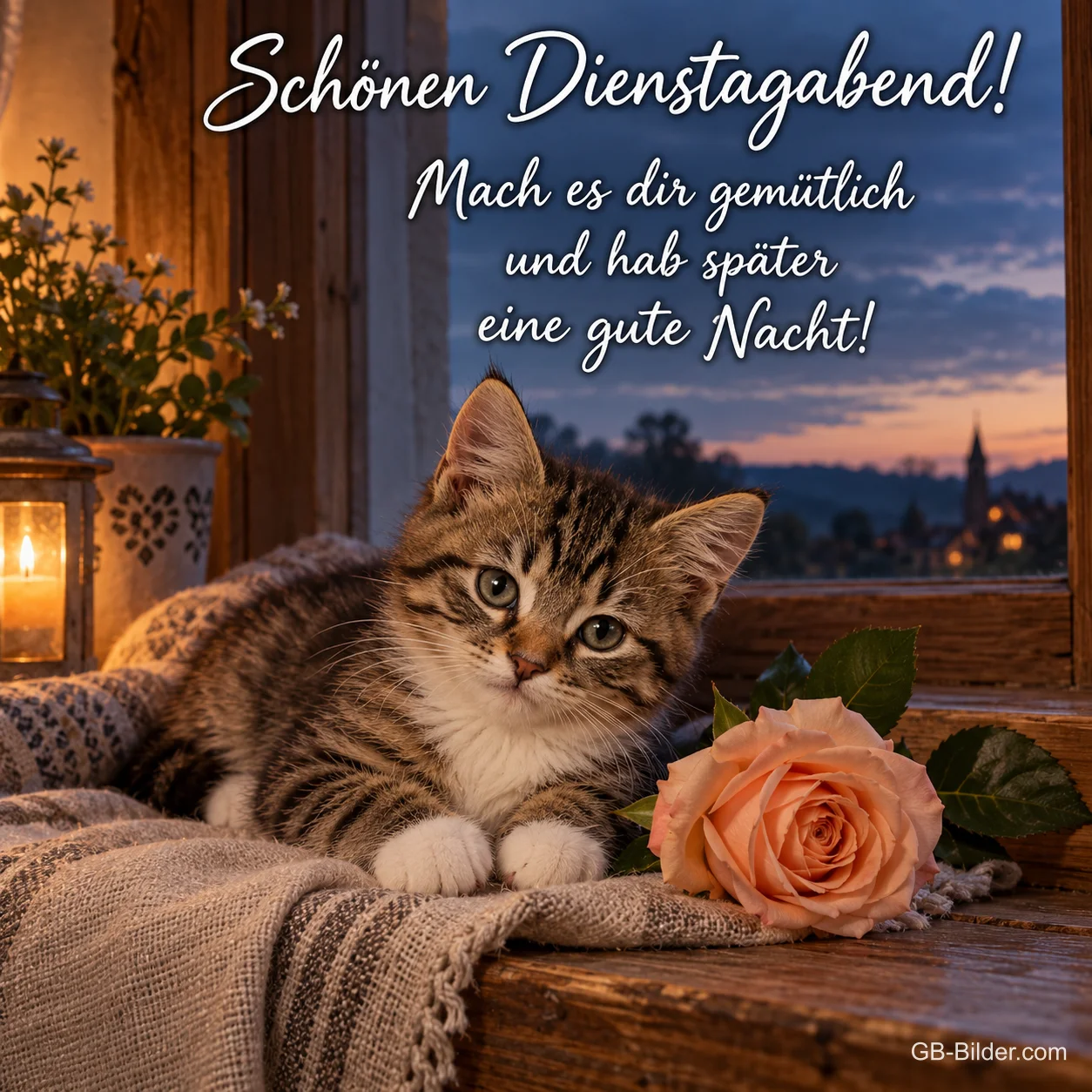 Tigerkätzchen und Rose auf einer Fensterbank, Text: Schönen Dienstagabend! – Mach es dir gemütlich und hab später eine gute Nacht! Tigerkätzchen und Rose auf einer Fensterbank, Text: Schönen Dienstagabend! – Mach es dir gemütlich und hab später eine gute Nacht!