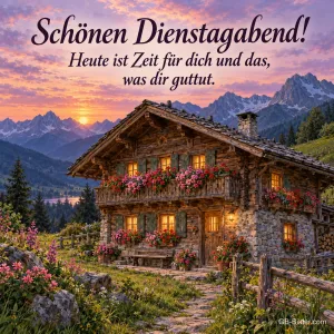Berghütte mit Blumenkästen vor Bergen im Abendlicht, Text: Schönen Dienstagabend! – Heute ist Zeit für dich und das, was dir guttut.