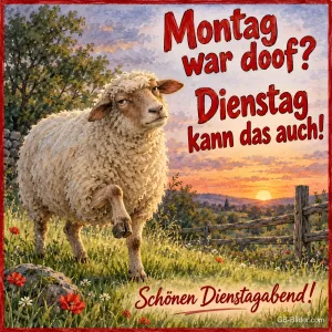 Schaf stapft entschlossen über eine Wiese, Text: Montag war doof? Dienstag kann das auch! – Schönen Dienstagabend!