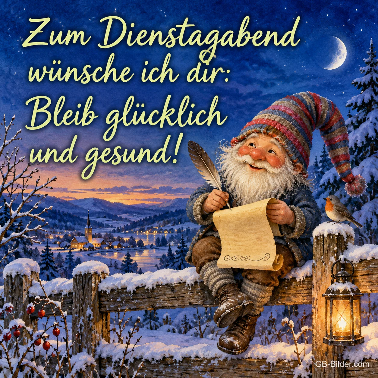 Wichtel mit Feder und Schriftrolle auf einem verschneiten Zaun, Text: Zum Dienstagabend wünsche ich dir: – Bleib glücklich und gesund! Wichtel mit Feder und Schriftrolle auf einem verschneiten Zaun, Text: Zum Dienstagabend wünsche ich dir: – Bleib glücklich und gesund!