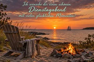Liegestuhl am Lagerfeuer am Strand, Segelboot, Text: Ich wünsche dir einen schönen Dienstagabend – mit vielen glücklichen Momenten!