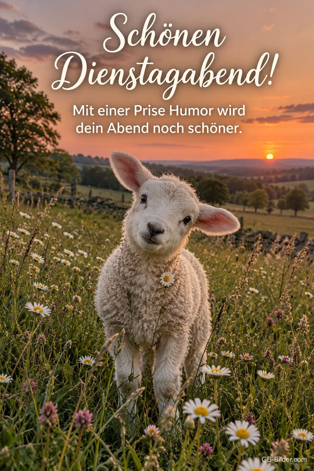 Lamm auf einer Blumenwiese im Abendlicht, Text: Schönen Dienstagabend! Mit einer Prise Humor wird dein Abend noch schöner. Lamm auf einer Blumenwiese im Abendlicht, Text: Schönen Dienstagabend! Mit einer Prise Humor wird dein Abend noch schöner.
