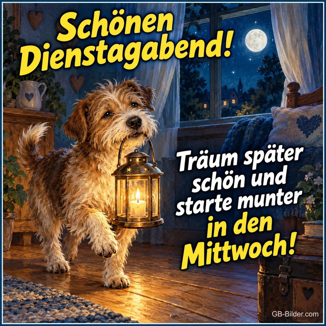 Terrier trägt eine Laterne durchs nächtliche Zimmer, Text: Schönen Dienstagabend! – Träum später schön und starte munter in den Mittwoch! Terrier trägt eine Laterne durchs nächtliche Zimmer, Text: Schönen Dienstagabend! – Träum später schön und starte munter in den Mittwoch!