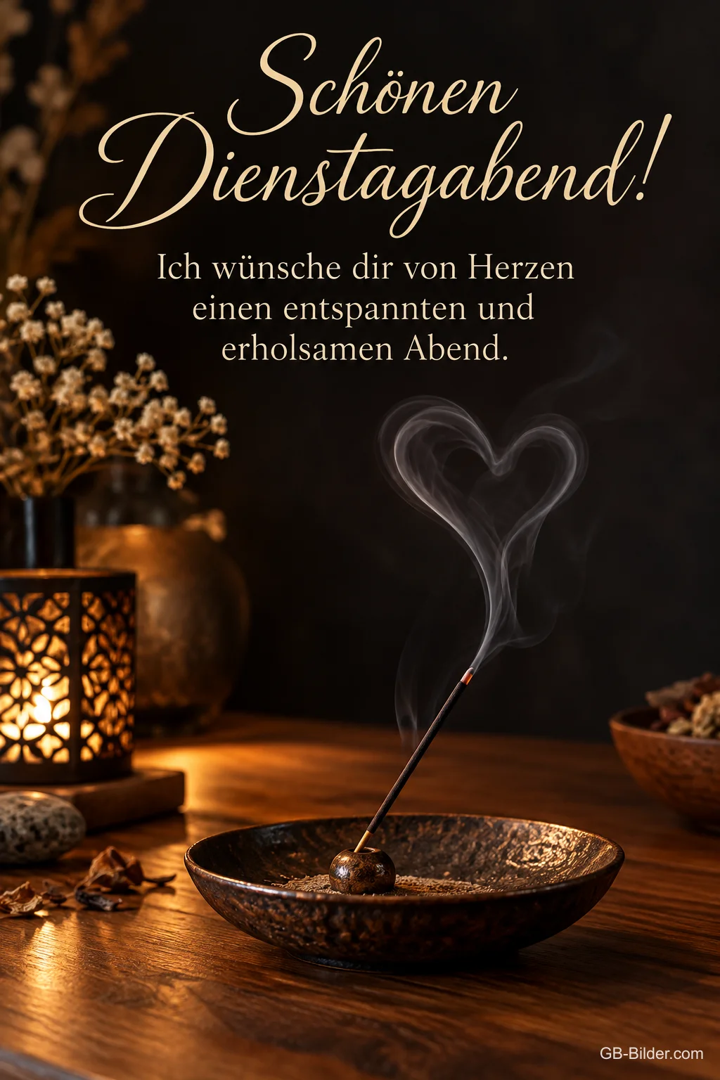 Räucherstäbchen bildet ein Rauchherz, Text: Schönen Dienstagabend! – Ich wünsche dir von Herzen einen entspannten und erholsamen Abend. Räucherstäbchen bildet ein Rauchherz, Text: Schönen Dienstagabend! – Ich wünsche dir von Herzen einen entspannten und erholsamen Abend.