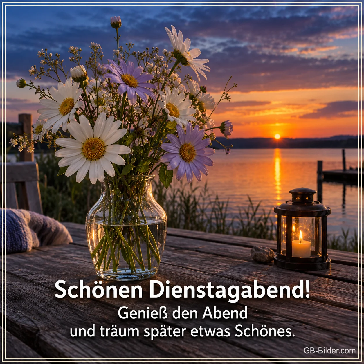 Gänseblümchen in einer Vase am Steg im Sonnenuntergang, Text: Schönen Dienstagabend! – Genieß den Abend und träum später etwas Schönes. Gänseblümchen in einer Vase am Steg im Sonnenuntergang, Text: Schönen Dienstagabend! – Genieß den Abend und träum später etwas Schönes.