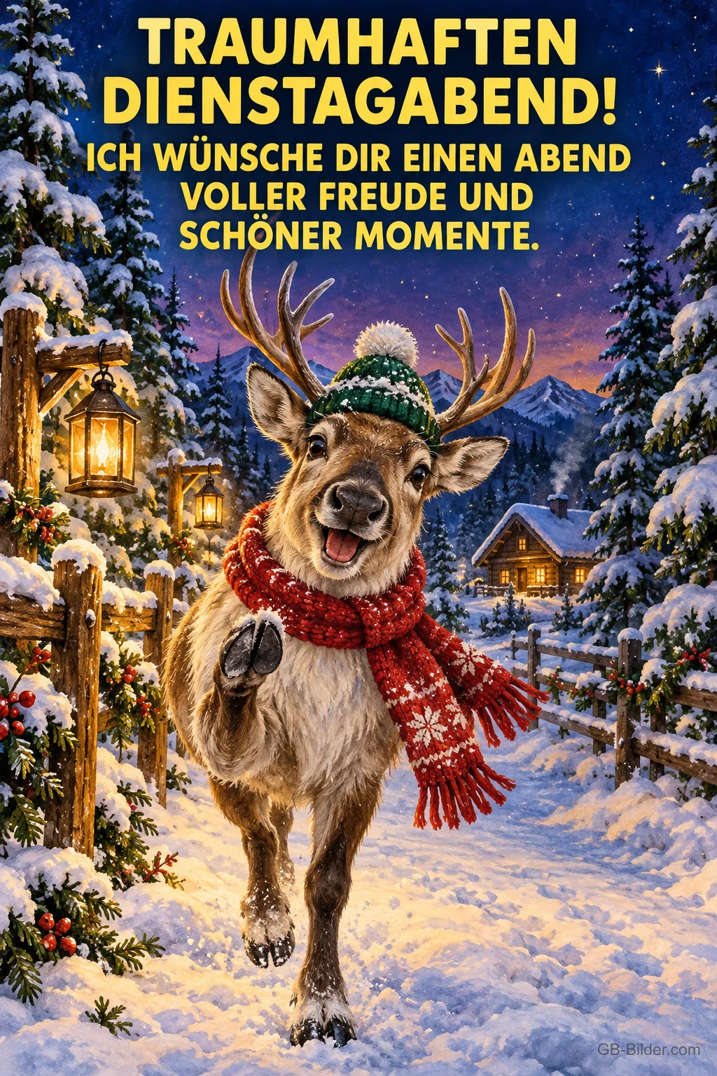 Rentier mit Mütze und Schal tanzt durch einen Winterwald, Text: TRAUMHAFTEN DIENSTAGABEND! – Ich wünsche dir einen Abend voller Freude und schöner Momente. Rentier mit Mütze und Schal tanzt durch einen Winterwald, Text: TRAUMHAFTEN DIENSTAGABEND! – Ich wünsche dir einen Abend voller Freude und schöner Momente.