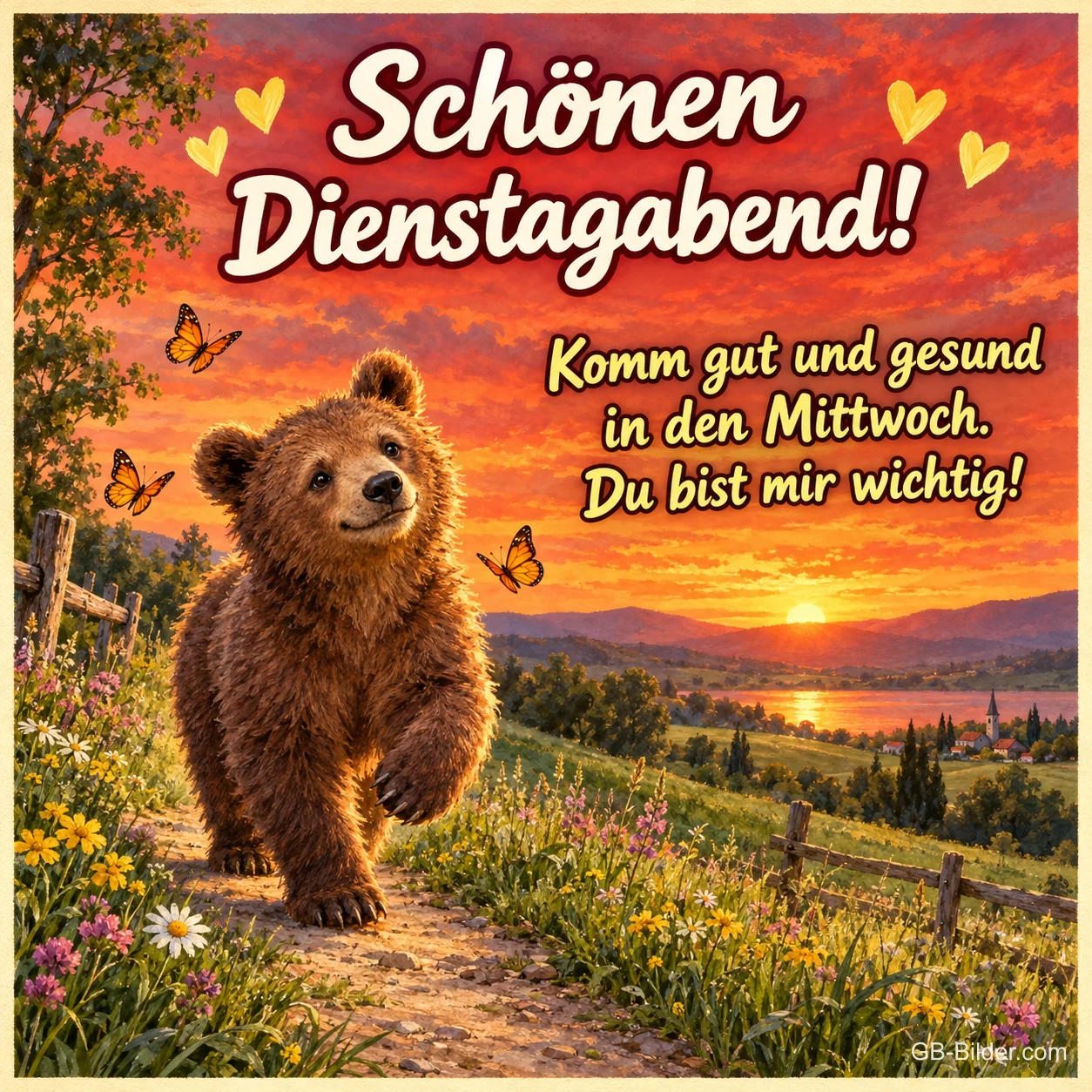 Bärenjunges läuft über einen Feldweg im Sonnenuntergang, Text: Schönen Dienstagabend! – Komm gut und gesund in den Mittwoch. Du bist mir wichtig! Bärenjunges läuft über einen Feldweg im Sonnenuntergang, Text: Schönen Dienstagabend! – Komm gut und gesund in den Mittwoch. Du bist mir wichtig!