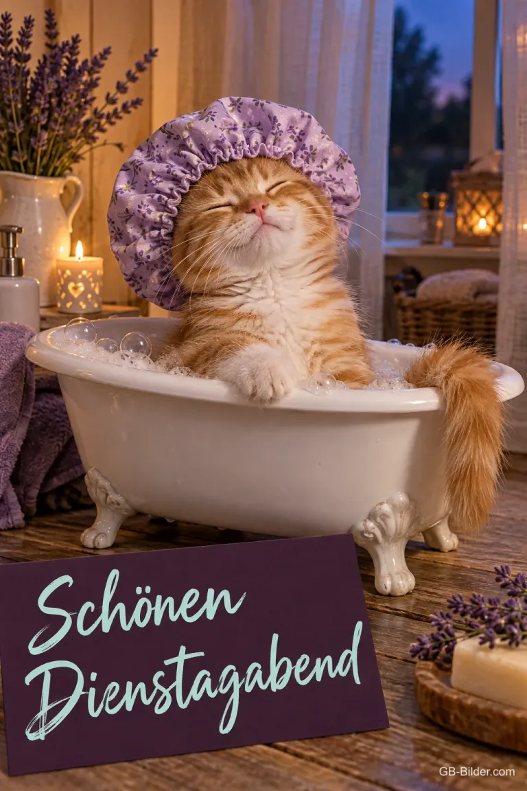 Rotes Kätzchen mit Duschhaube in einer Badewanne, Text: Schönen Dienstagabend